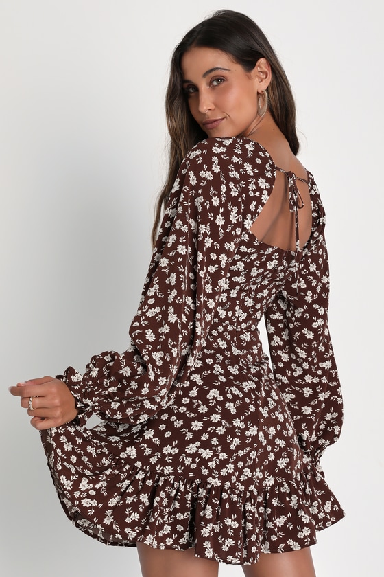 Coy Charm Brown Floral Print Long Sleeve Mini Dress