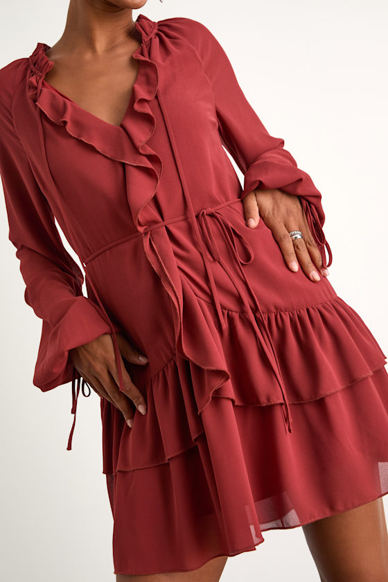 Allirah Rust Red Ruffled Long Sleeve Mini Dress