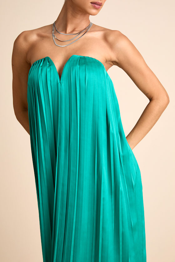 Celandine Teal Green Pleated Strapless Swing Maxi Dress