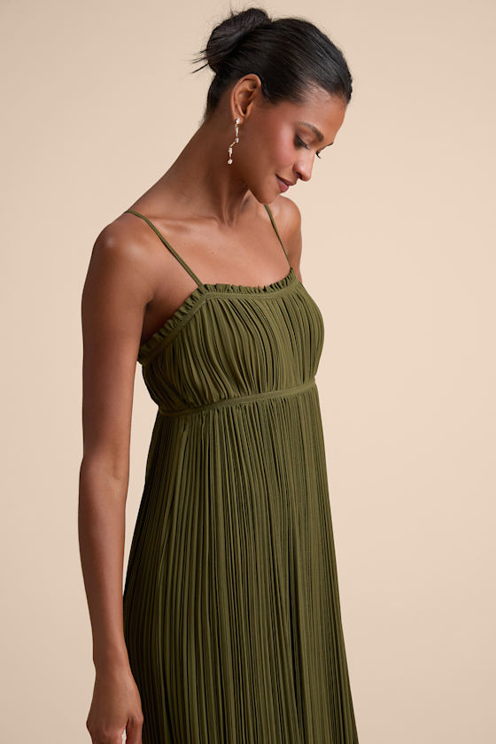 Delina Olive Plisse Chiffon Tie-Back Maxi Dress