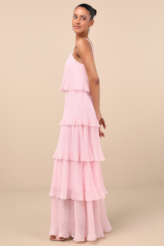 Elegant Nature Blush Pink Pleated Sleeveless Tiered Maxi Dress