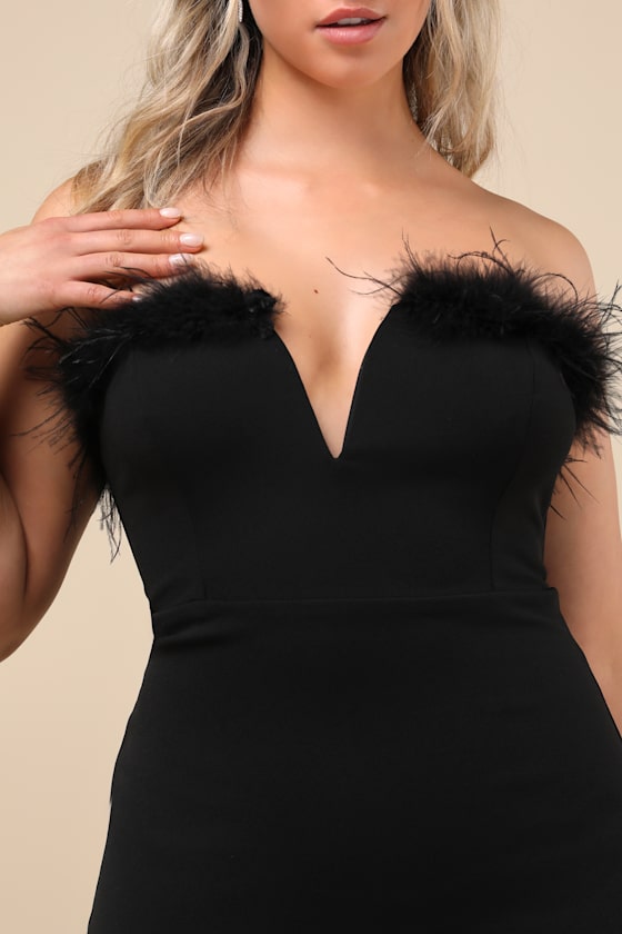 Extraordinary Glam Black Feather Strapless Mermaid Maxi Dress