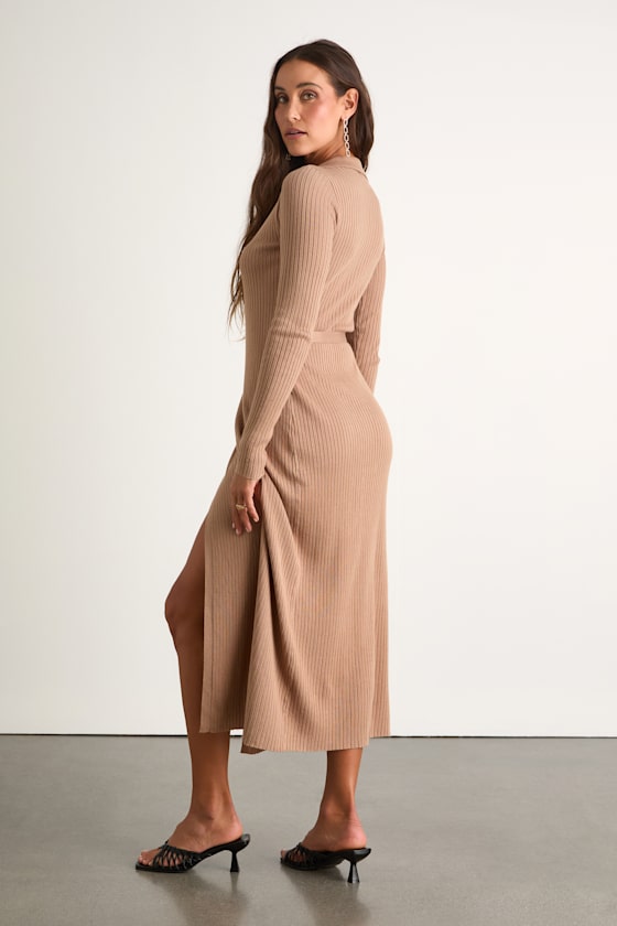 Neyla Beige Ribbed Sweater Wrap Midi Dress