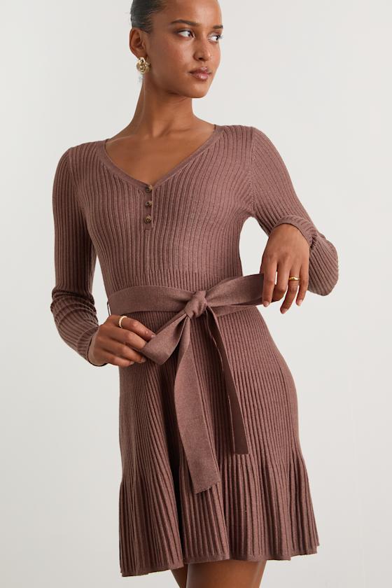 Cozy Poise Heather Brown Henley Long Sleeve Mini Sweater Dress