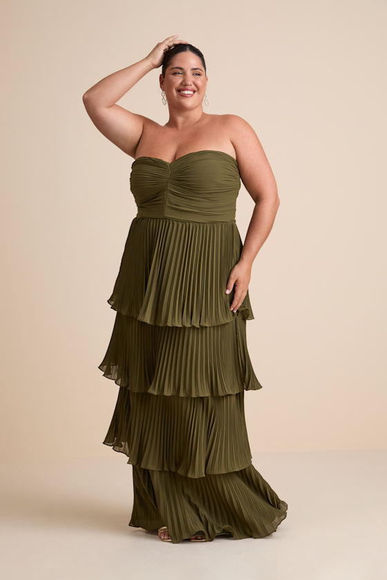 Seriously Sensational Olive Green Strapless Tiered Maxi Dress