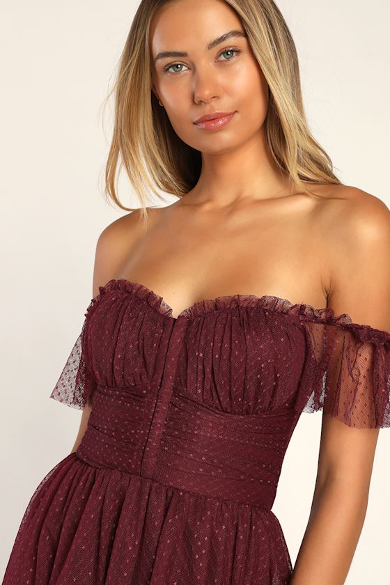 Regal Radiance Burgundy Tulle Bustier Midi Dress
