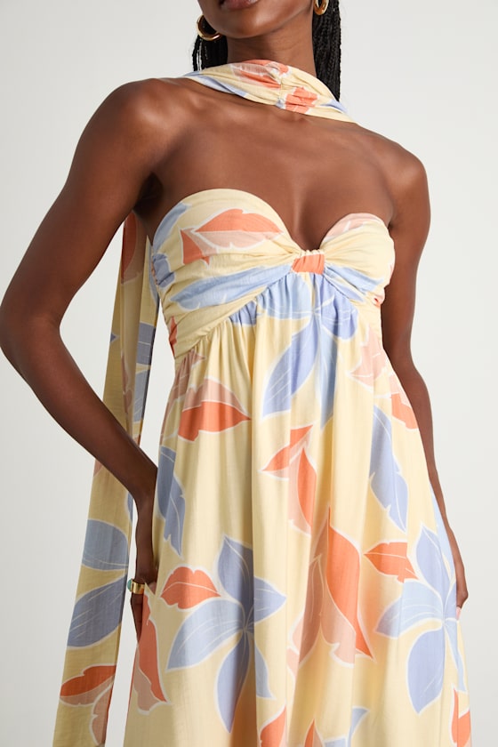 Kelia Light Yellow Leaf Print Midi Dress and Scarf Set