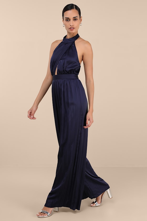 Confident Impression Navy Satin Pleated Halter Jumpsuit