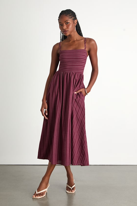 Feeling the Best Plum Striped Tie-Back Midi Dress with Pockets