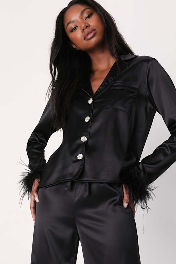 Dreamiest Delight Black Satin Feather Two-Piece Pajama Set