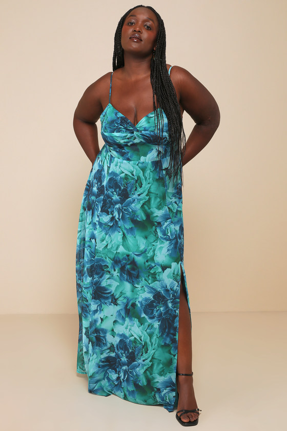 Beautiful Soul Teal Green Floral Print Twist-Front Maxi Dress