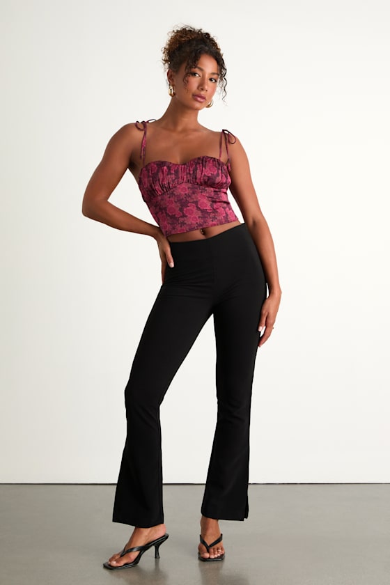 Raissa Burgundy Floral Satin Tie-Strap Crop Top