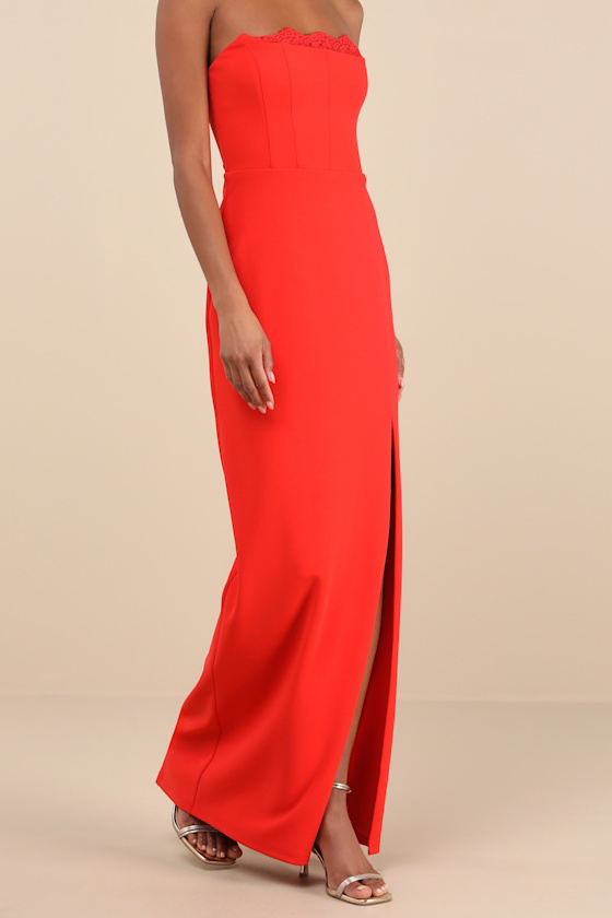 Memorably Iconic Red Strapless Lace Bustier Maxi Dress