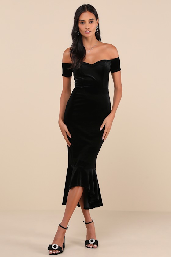 How Much I Care Black Velvet Off-the-Shoulder Midi Dress