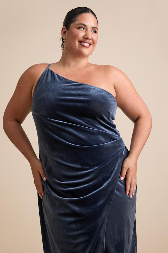 Elegant Era Dark Slate Blue Velvet One-Shoulder Maxi Dress