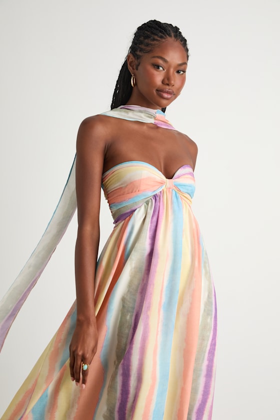 Kelia Peach Multi Striped Midi Dress and Scarf Set