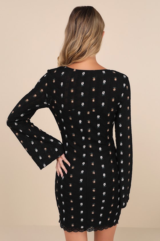 Notable Cuteness Black Floral Textured Long Sleeve Mini Dress