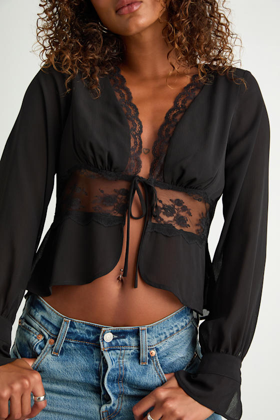 Irelynn Black Lace Long Sleeve Tie-Front Top