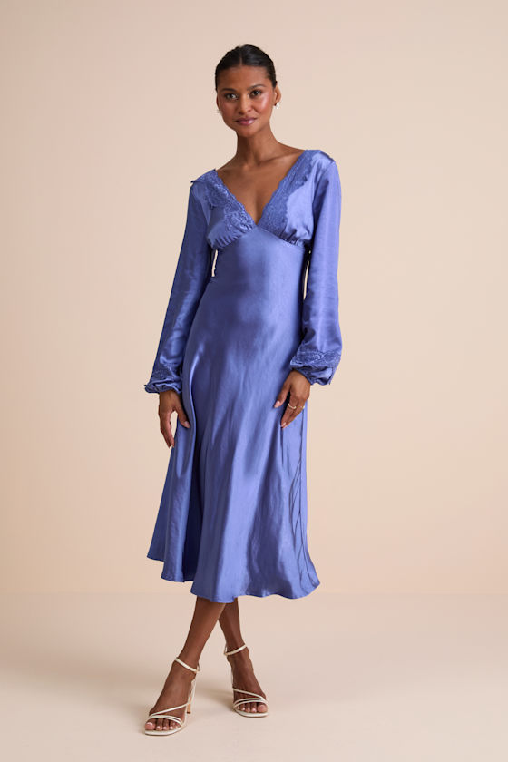 Illustrious Elegance Periwinkle Satin Long Sleeve Midi Dress