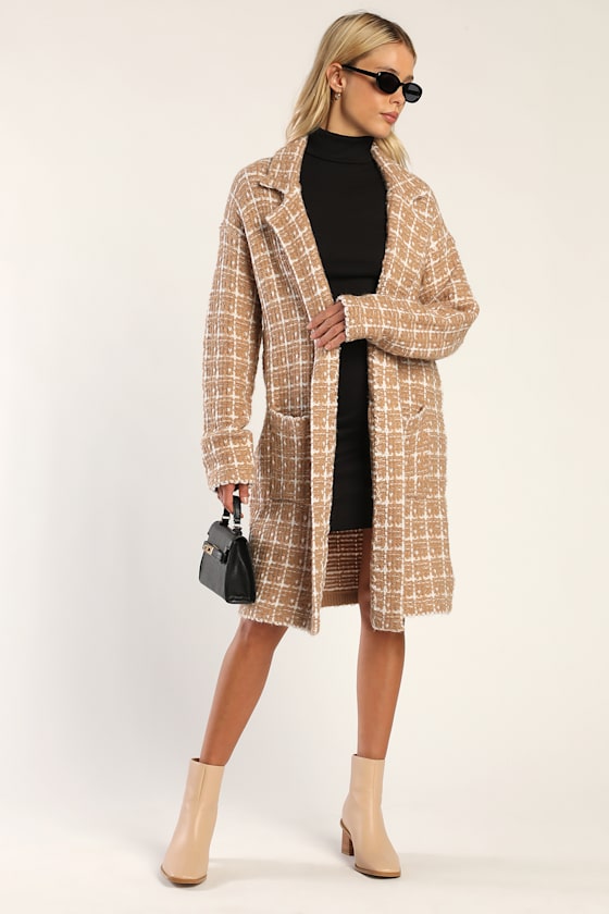 Cozy Conditions Tan and White Knit Plaid Coatigan