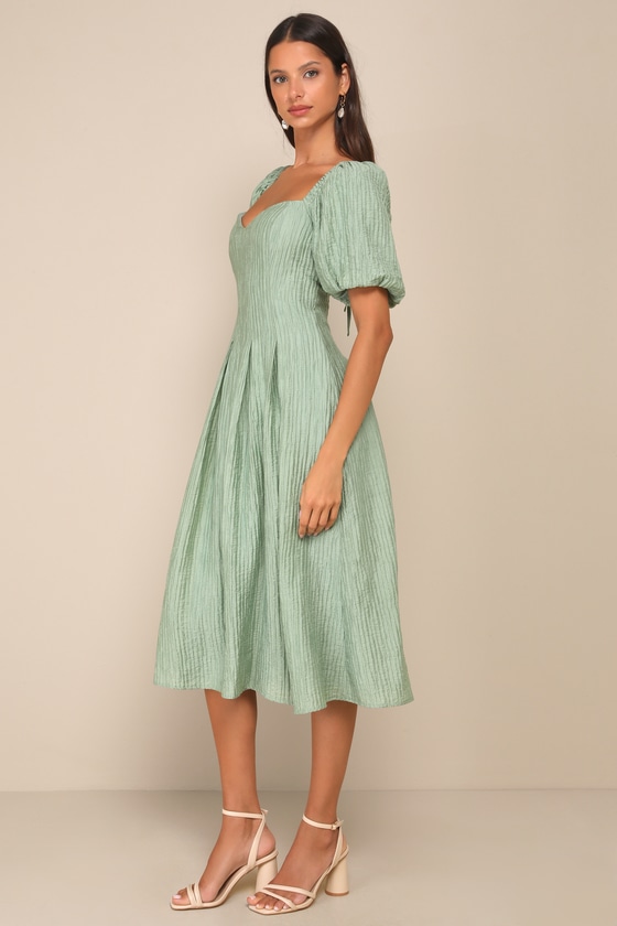 Heavenly Energy Sage Textured Puff Sleeve Pleated Midi Dress