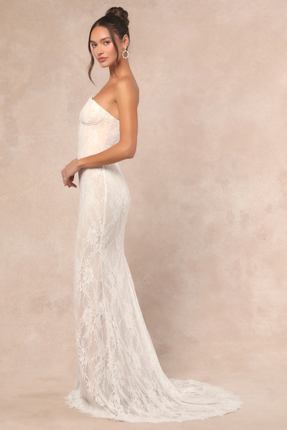 Valeria White Lace Strapless Bustier Maxi Dress