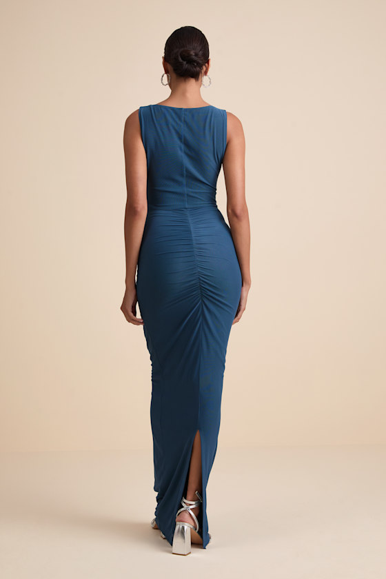 Aveline Dark Slate Jersey Knit Ruched Bodycon Maxi Dress
