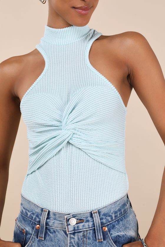 Vyla Light Blue Textured Ribbed Twist-Front Bodysuit