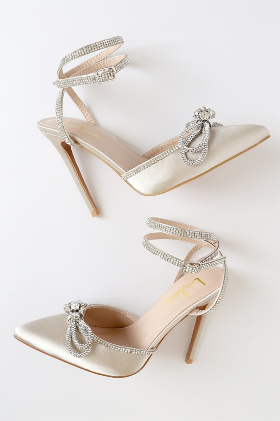 Lullie White Satin Rhinestone Ankle Strap Pointed-Toe Pumps