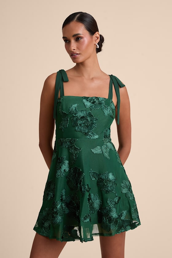 Truly Inspiring Dark Green Floral Applique Tie-Strap Mini Dress