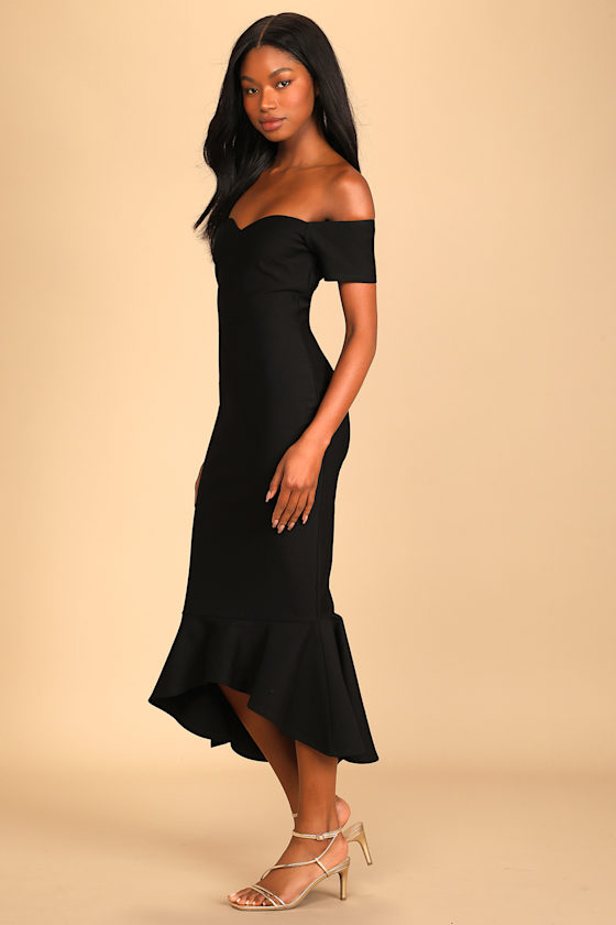 How Much I Care Black Off-the-Shoulder Midi Dress