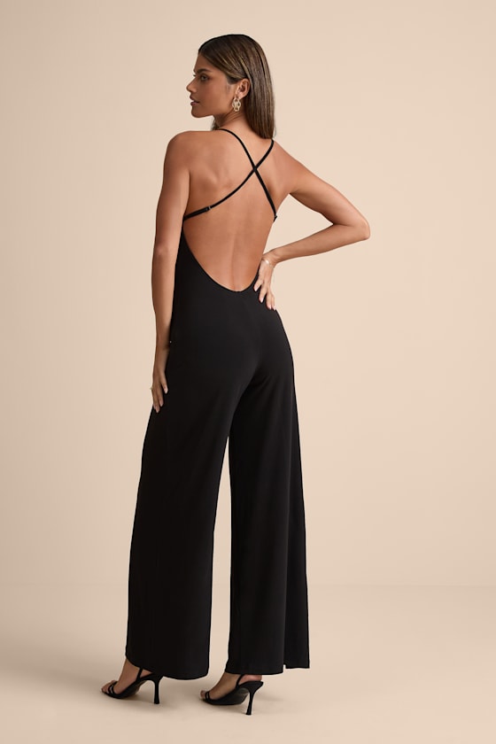 Maryka Black Mesh Backless Straight Leg Jumpsuit