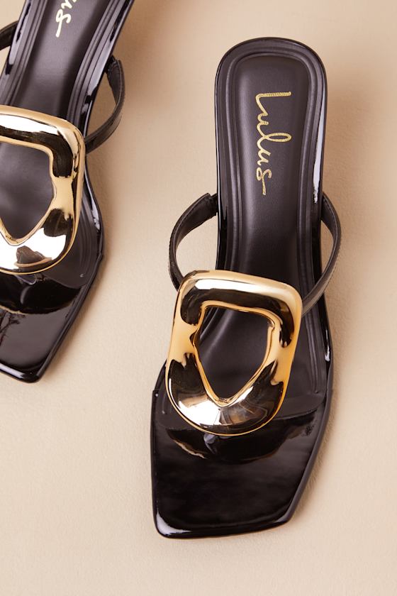 Xenia Black Patent Embellished High Heel Thong Sandals