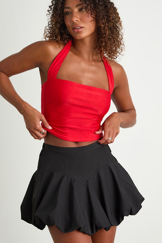 Wistara Black Mid-Rise Micro Mini Bubble-Hem Skirt