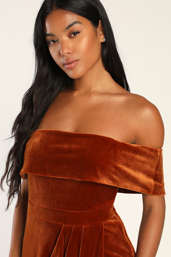 I'm Enchanted Rust Orange Velvet Off-the-Shoulder Maxi Dress