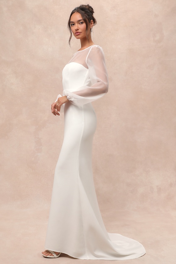 Immaculate Romance White Sheer Organza Long Sleeve Maxi Dress