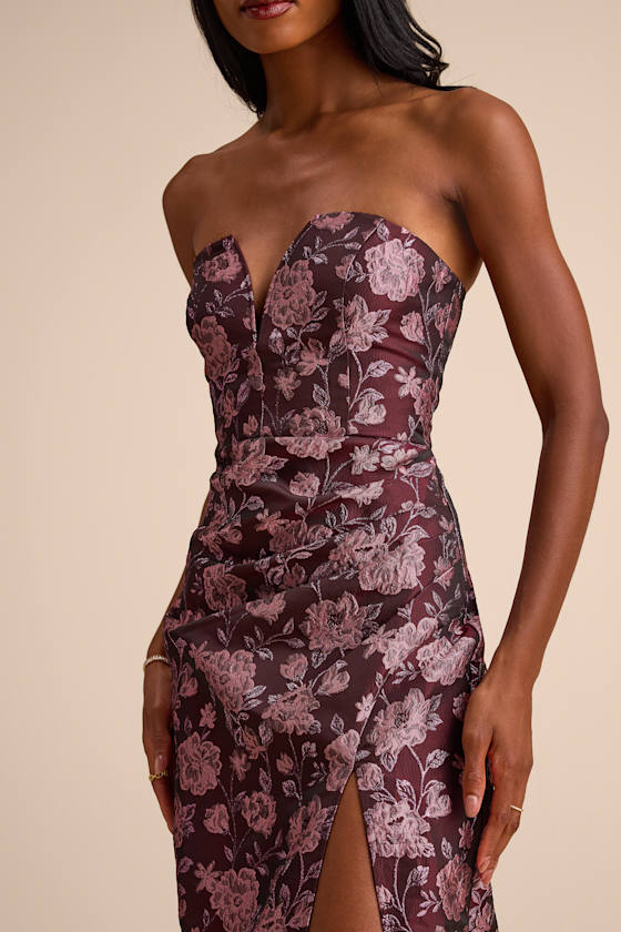 D’Amore Plum Floral Jacquard Strapless Tulip Maxi Dress