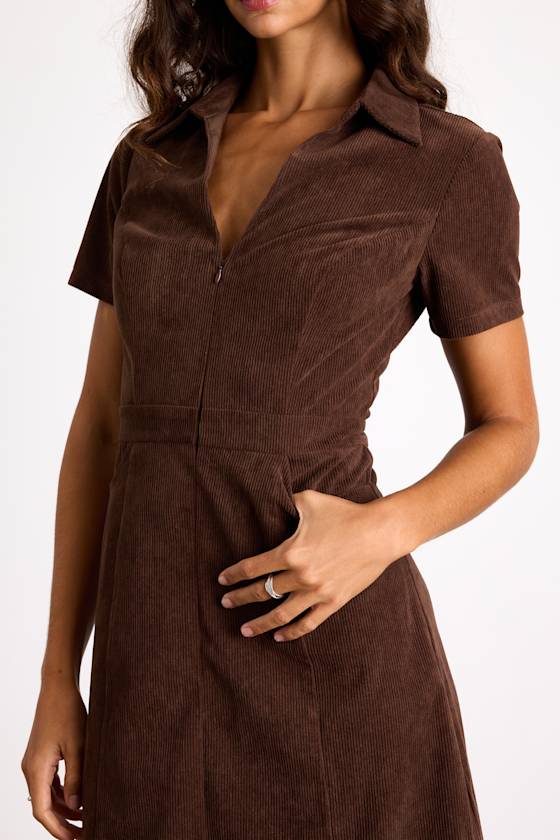 Go-Getter Girl Brown Corduroy Mini Dress With Pockets