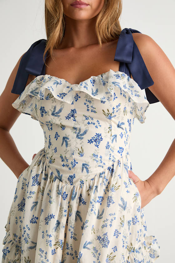 Candice Ivory Floral Ruffled Tie-Strap Midi Dress