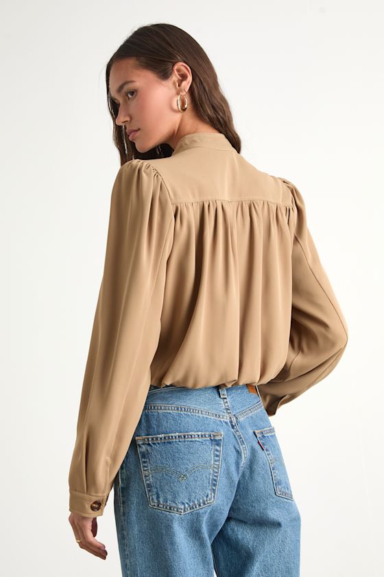 Melanya Tan Puff Sleeve Cropped Bubble-Hem Jacket