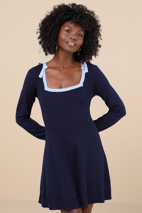 Perfect Outcome Navy Long Sleeve Sweater Mini Dress