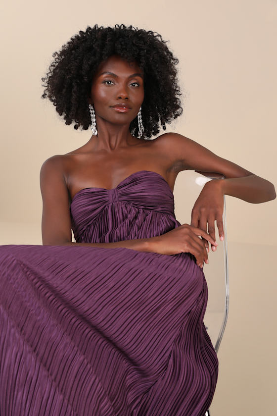 Whimsical Beauty Dark Purple Satin Plisse Strapless Maxi Dress