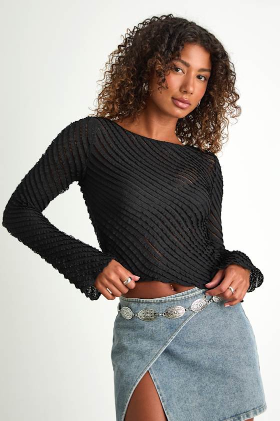 Xavia Black Ruffled Knit Asymmetrical Long Sleeve Top