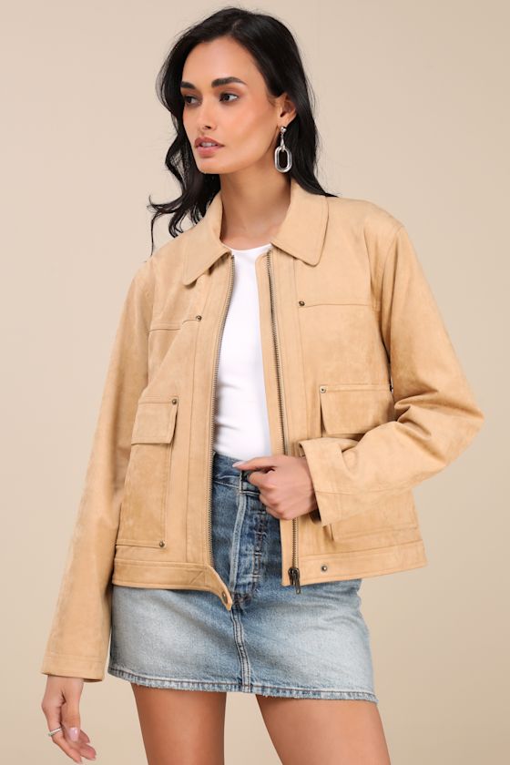 Bayton Beige Suede Zip-Front Trucker Jacket