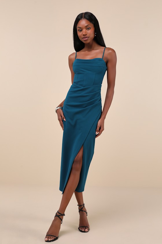 Always Turning Heads Dark Teal Bustier Tulip Midi Dress