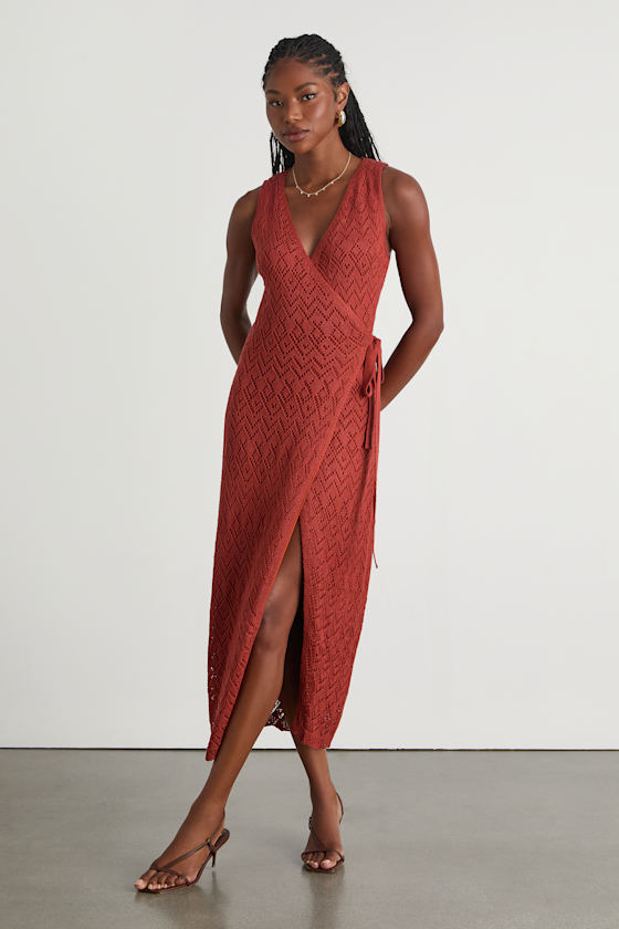 Kasper Rusty Red Pointelle Knit Wrap Midi Dress