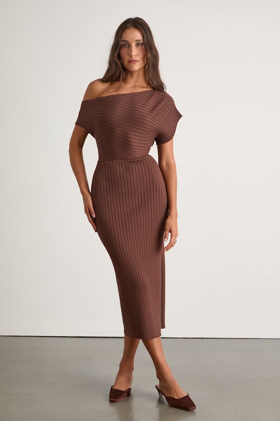 Brady Brown Ribbed Off-the-Shoulder Sweater Midi Dress