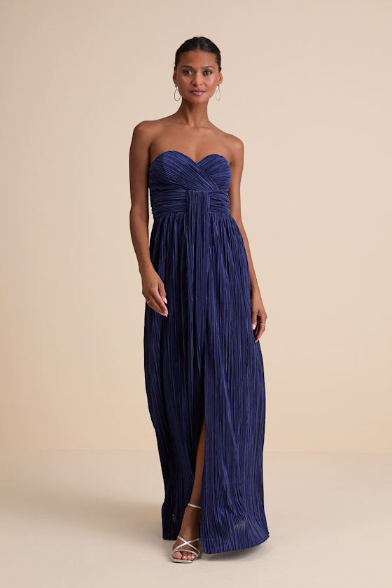 Oswin Navy Satin Plisse Strapless Maxi Dress