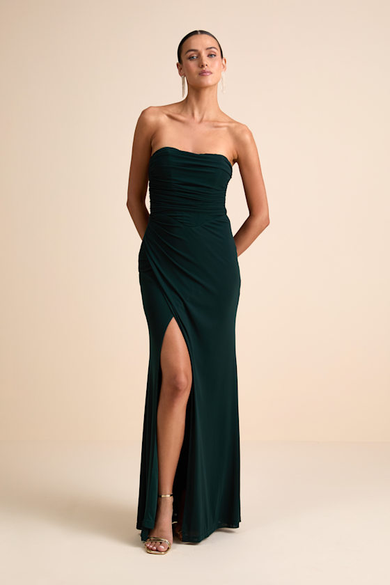Epitome of Allure Emerald Green Strapless Ruched Tulip Maxi Dres