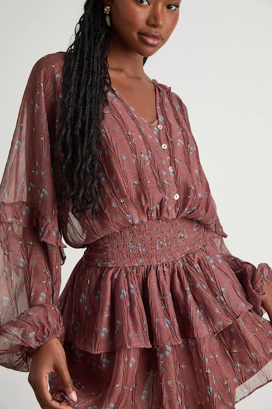 Christy Rust Floral Button-Front Long Sleeve Mini Dress